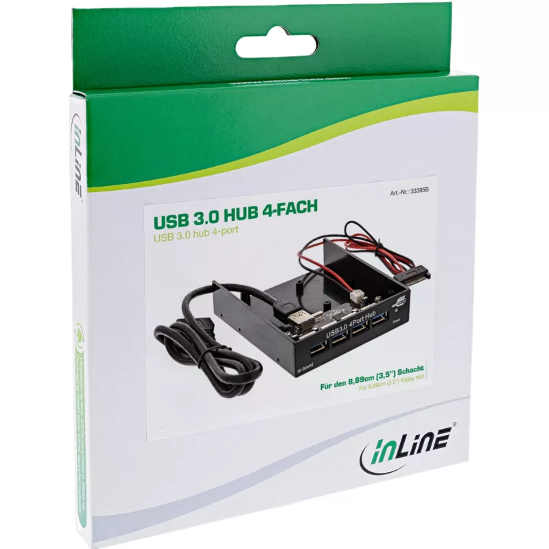 InLine 4-portu USB 3.0 paneļa centrmezgls 3,5 collu diskešu nodalījumam, melns