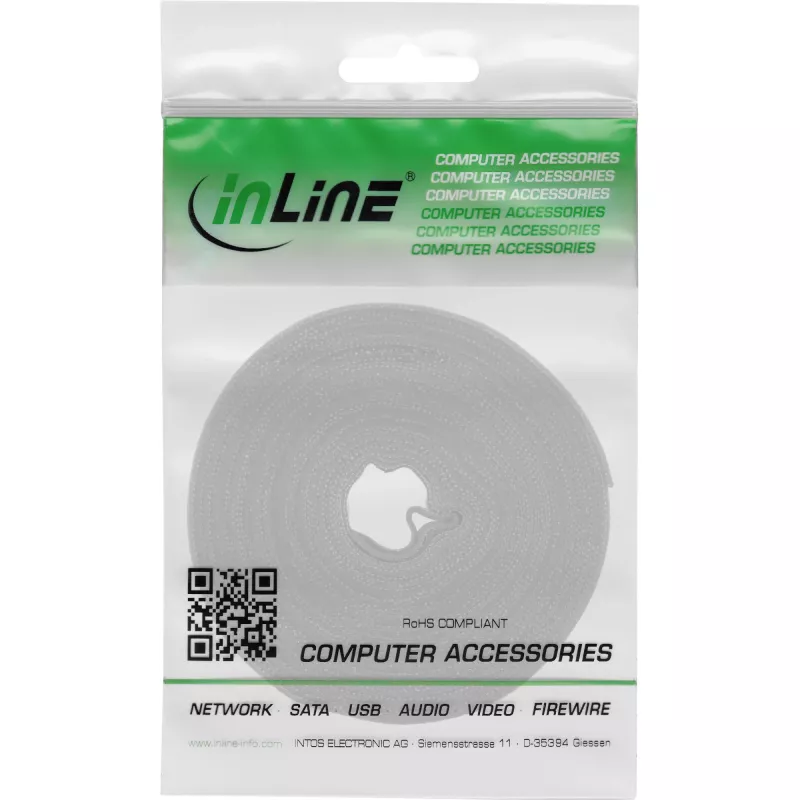 Kabeļu saite Velcro lente InLine 10 m × 16 mm balta — atkārtoti lietojama āķa-cilpas kabeļu siksna