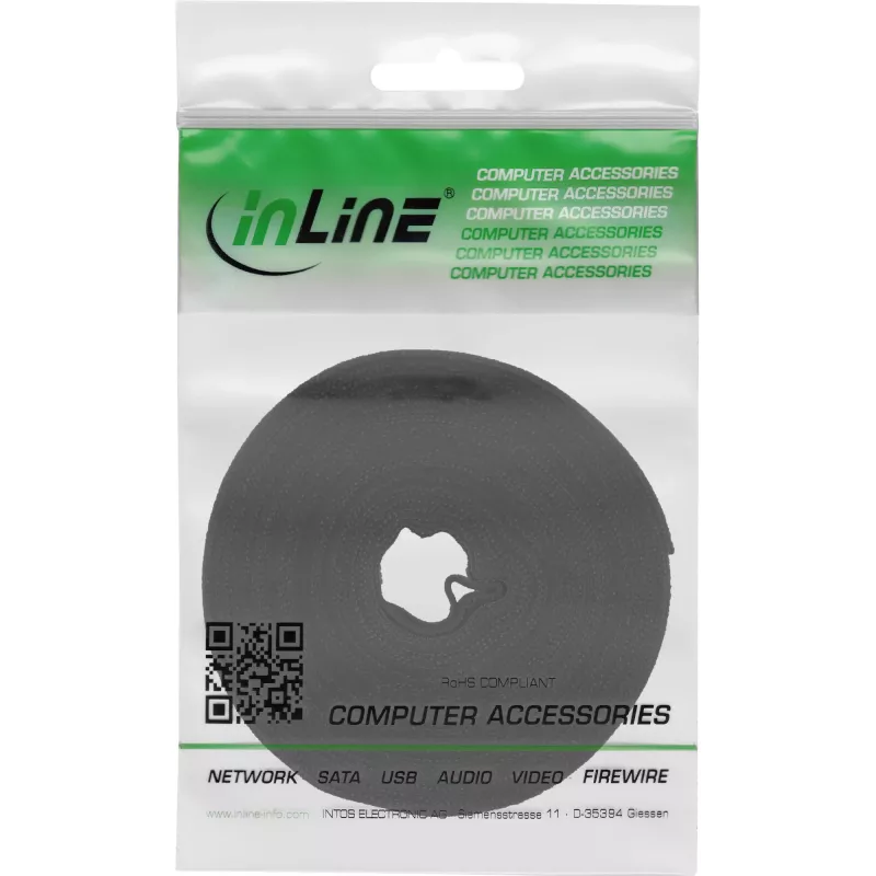 InLine kabeļu saites ar āķa-cilpas stiprinājuma lenti 16 mm melna 10 m