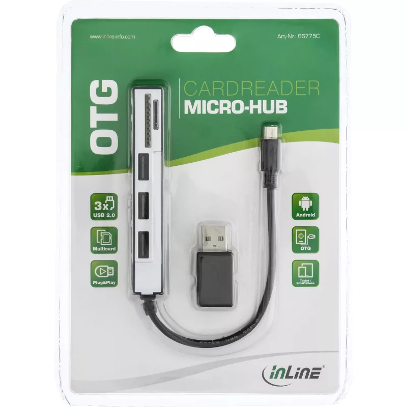 InLine USB OTG karšu lasītājs & 3 portu USB 2.0 centrmezgls SDXC un microSD + adapterim
