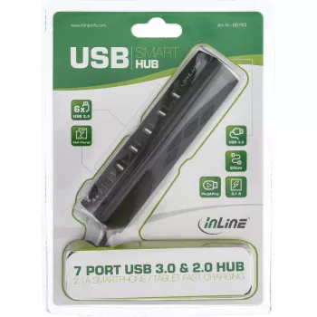 USB centrmezgls InLine Smart Hub 7 portu USB 3.0 un 2.0 ar ātrās uzlādes portu