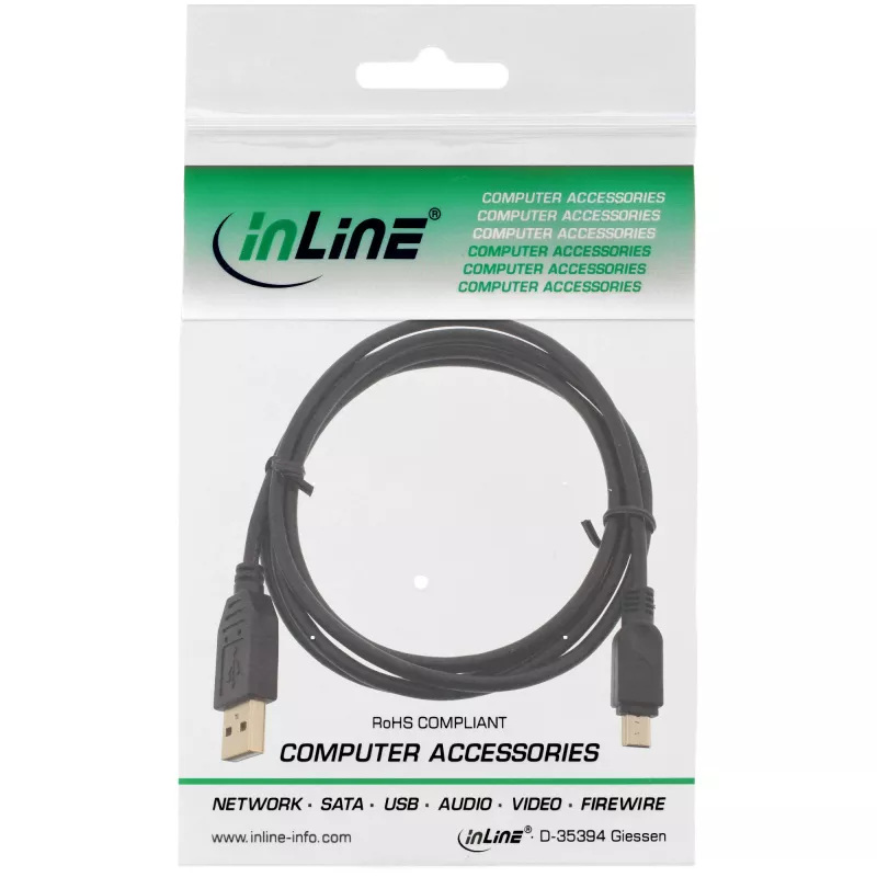 InLine USB 2.0 Mini kabelis, A tipa vīrišķais / mini-B spraudnis (5 kontakti), melns/zelts, 2 m