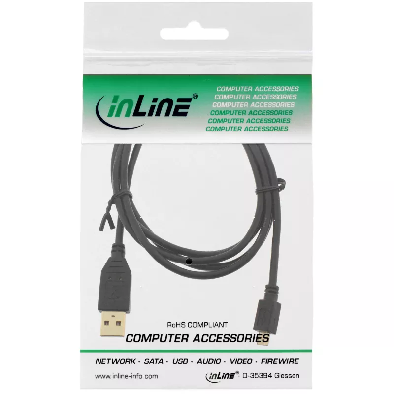 InLine Micro USB 2.0 kabelis, USB A spraudnis / Micro-B spraudnis, melns, 1 m