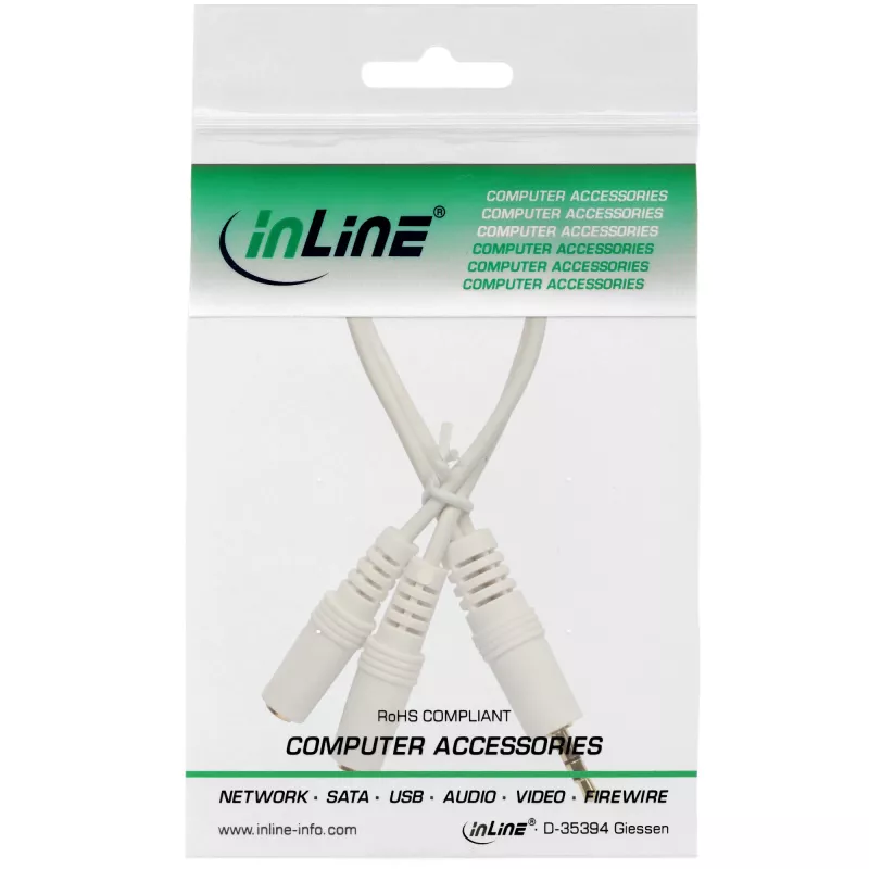 InLine stereo Y kabelis, 3,5 mm stereo vīr. uz divām 3,5 mm stereo ligzd., balts/zeltīts, 0,1 m