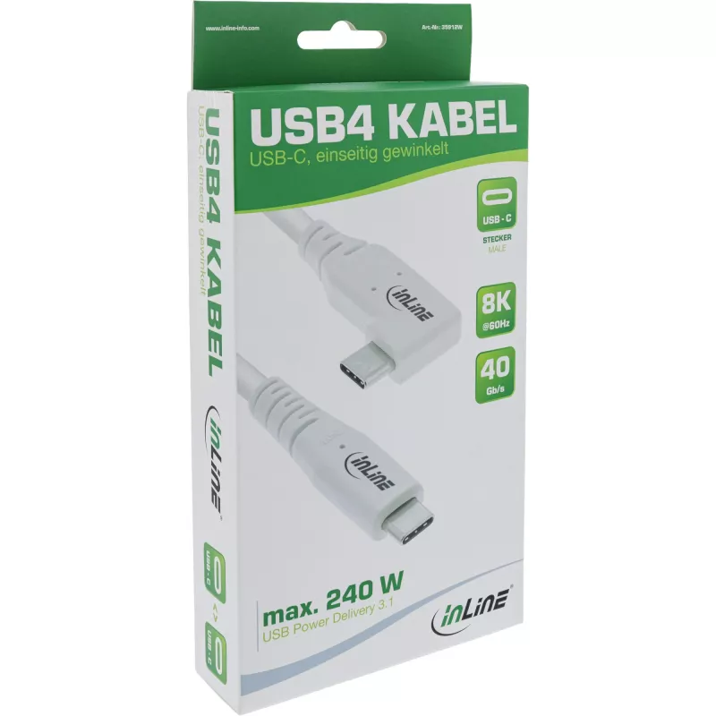 InLine USB4 kabelis, USB-C, viena puse leņķveida, PD 240W, 8K60Hz, TPE, balts, 2m