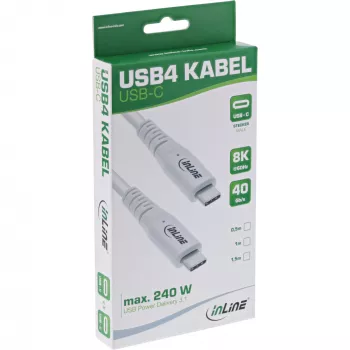 InLine USB4 kabelis, USB-C vīr./vīr., PD 240 W, 8K60Hz, TPE, balts, 0,5 m