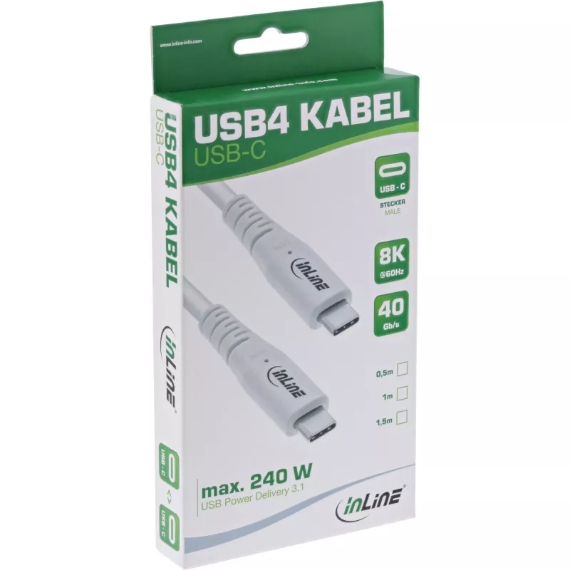 InLine USB4 kabelis, USB-C vīr./vīr., PD 240W, 8K60Hz, TPE, balts, 1,5m