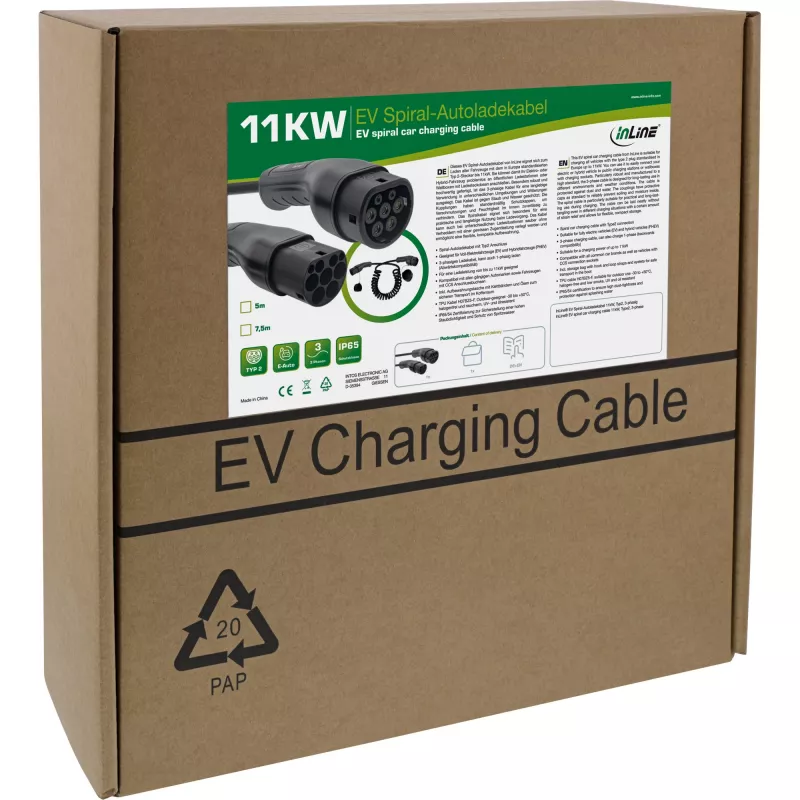 InLine EV spirālveida auto uzlādes kabelis 11kW Type2, 3 fāžu, 5m