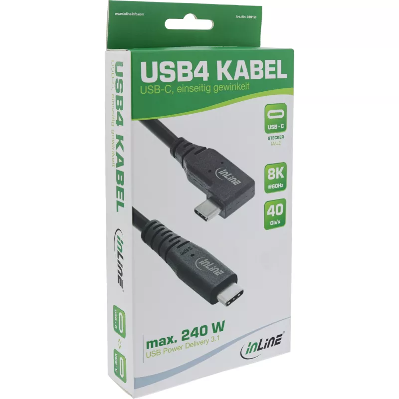 InLine USB4 kabelis, USB-C, viens leņķveida, PD 240W, 8K60Hz, TPE, melns, 1,5m