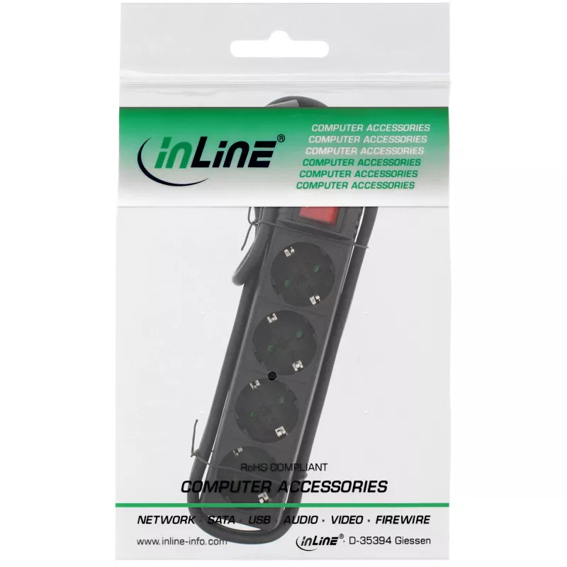 InLine kontaktligzdu sloksne, 4-virzienu, 2x CEE7/3 + 2x Euro CEE 7/16, melna, 5m