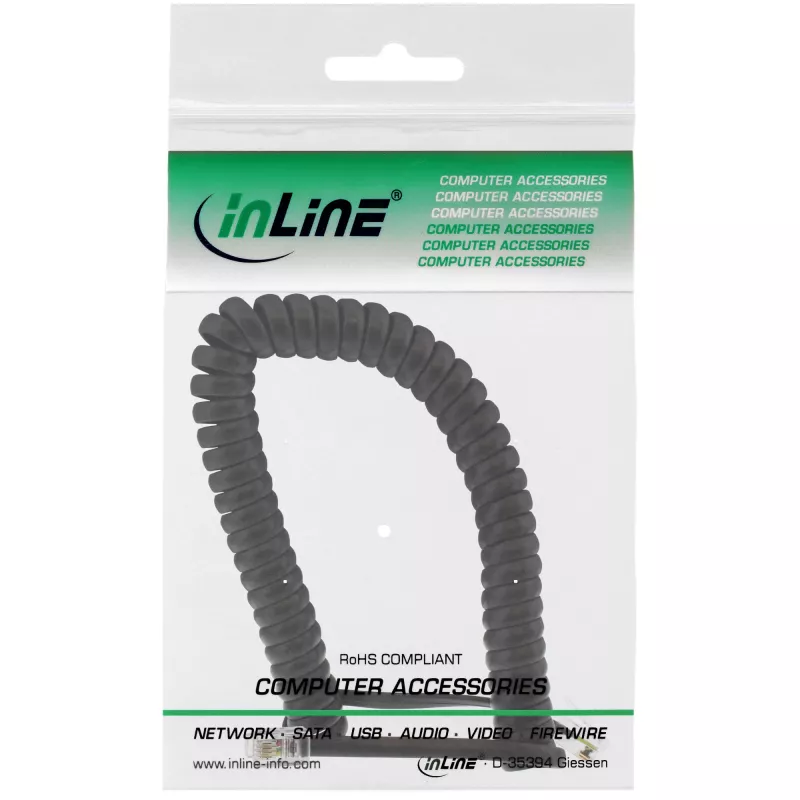 Spirālveida telefona vads InLine RJ10 4P4C 18893 2m melns