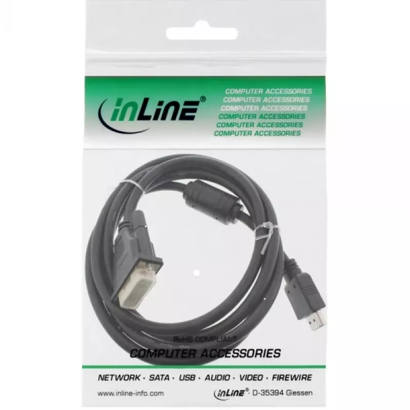InLine HDMI-DVI kabelis, 19 kontaktu vīrišķais / 18+1 vīrišķais + ferīta drosels, melns, 1,8 m