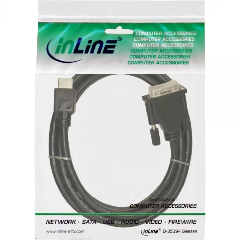 InLine HDMI-DVI kabelis 19 kontaktu vīrišķais / 18+1 vīrišķais + ferīta slāpētājs, melns, 5 m