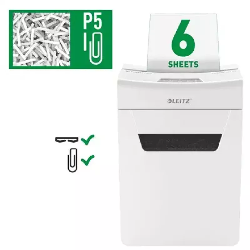 Papīra smalcinātājs LEITZ IQ Protect Premium 6M P5 — Mikrogriezums, 18 L, Skārienjutīga vadība, 351×204×355 mm