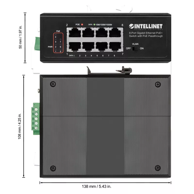 Industriālais slēdzis Intellinet 8 portu gigabitu Ethernet PoE+