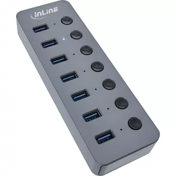InLine USB 3.2 Gen.1 centrālmezgls, 7 porti, ar slēdzi, alumīnijs, pelēks, ar barošanas bloku