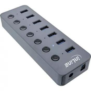 InLine USB 3.2 Gen.1 centrālmezgls, 7 porti, ar slēdzi, alumīnijs, pelēks, ar barošanas bloku