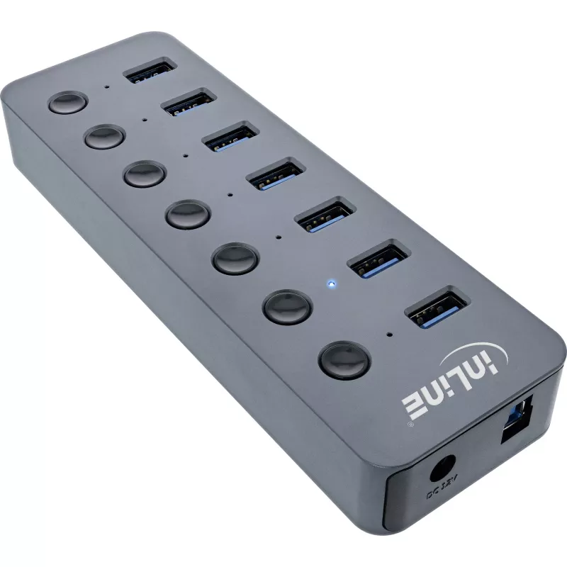 InLine USB 3.2 Gen.1 centrālmezgls, 7 porti, ar slēdzi, alumīnijs, pelēks, ar barošanas bloku
