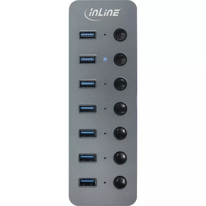 InLine USB 3.2 Gen.1 centrālmezgls, 7 porti, ar slēdzi, alumīnijs, pelēks, ar barošanas bloku