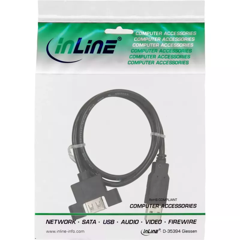 InLine 100 gab. lieltirgus iepakojumā USB 2.0 kabelis A vīr. uz A siev. spraugas kronšteinam 0,6 m