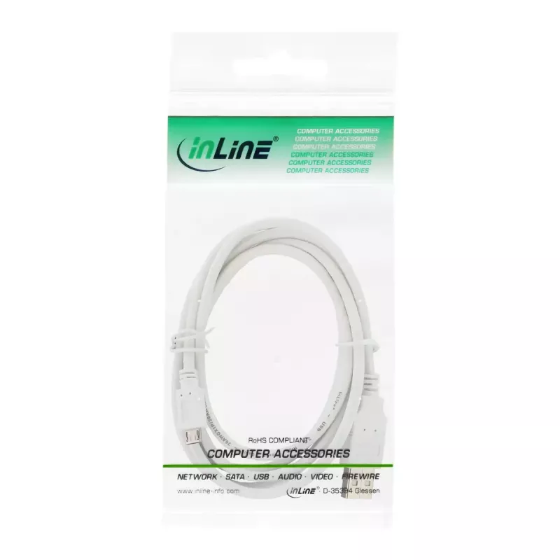 InLine Micro USB 2.0 kabelis USB Type A spraudnis / Micro-B spraudnis, balts, 1.8m