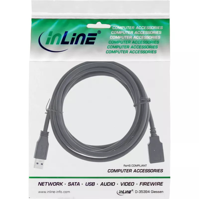 InLine USB 3.2 Gen.1 kabelis Type A vīr. / Type A siev., melns, 5m