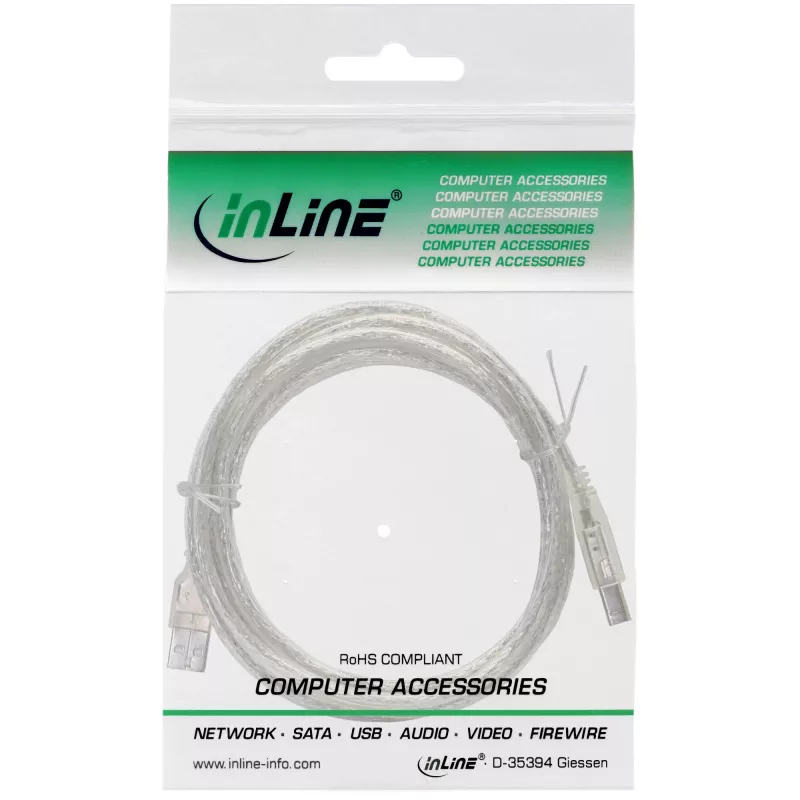 USB 2.0 kabelis Type A vīr. / B vīr. InLine 34505T 0,5 m caurspīdīgs