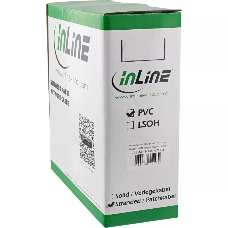 komutācijas kabelis InLine S/FTP PiMF Cat.6 AWG27 PVC CU 100 m, balta