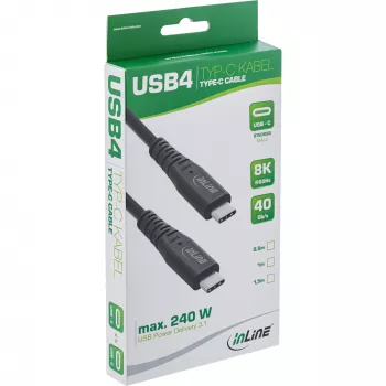 InLine USB4 kabelis, USB-C vīr./vīr., PD 240W, 8K60Hz, TPE melns 1m