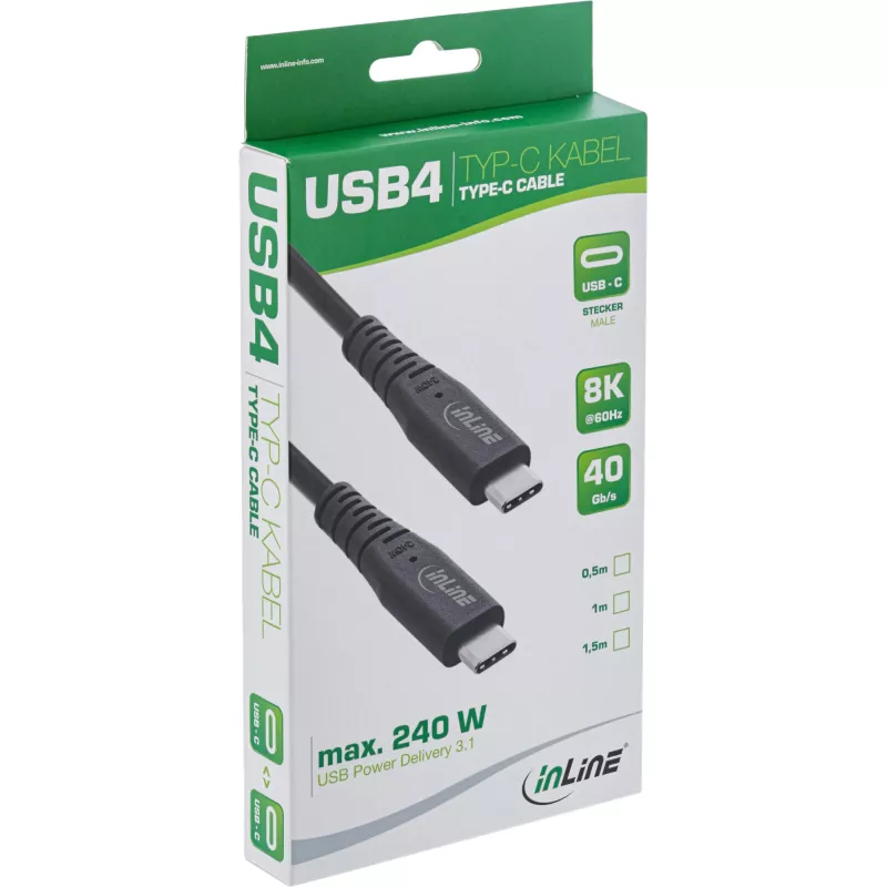 InLine USB4 kabelis, USB-C vīr./vīr., PD 240W, 8K60Hz, TPE, melns, 0,5 m