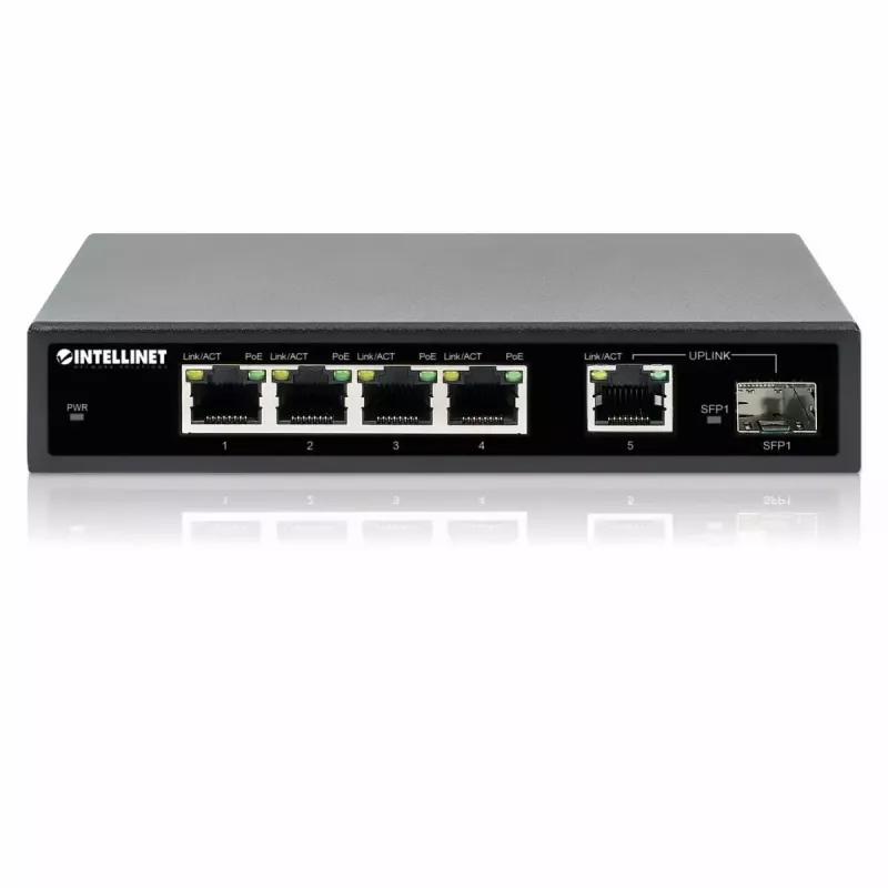 Intellinet 5 portu Gigabit Ethernet PoE+ slēdzis ar SFP portu, 91 W jaudas budžets