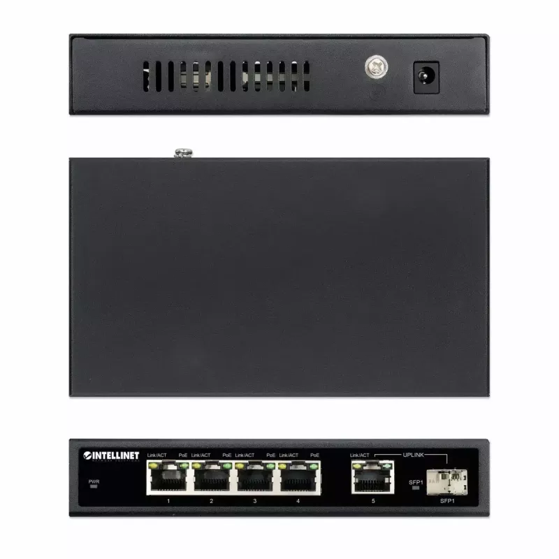 Intellinet 5 portu Gigabit Ethernet PoE+ slēdzis ar SFP portu, 91 W jaudas budžets
