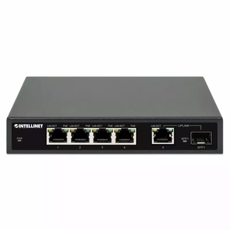 Intellinet 5 portu Gigabit Ethernet PoE+ slēdzis ar SFP portu, 91 W jaudas budžets