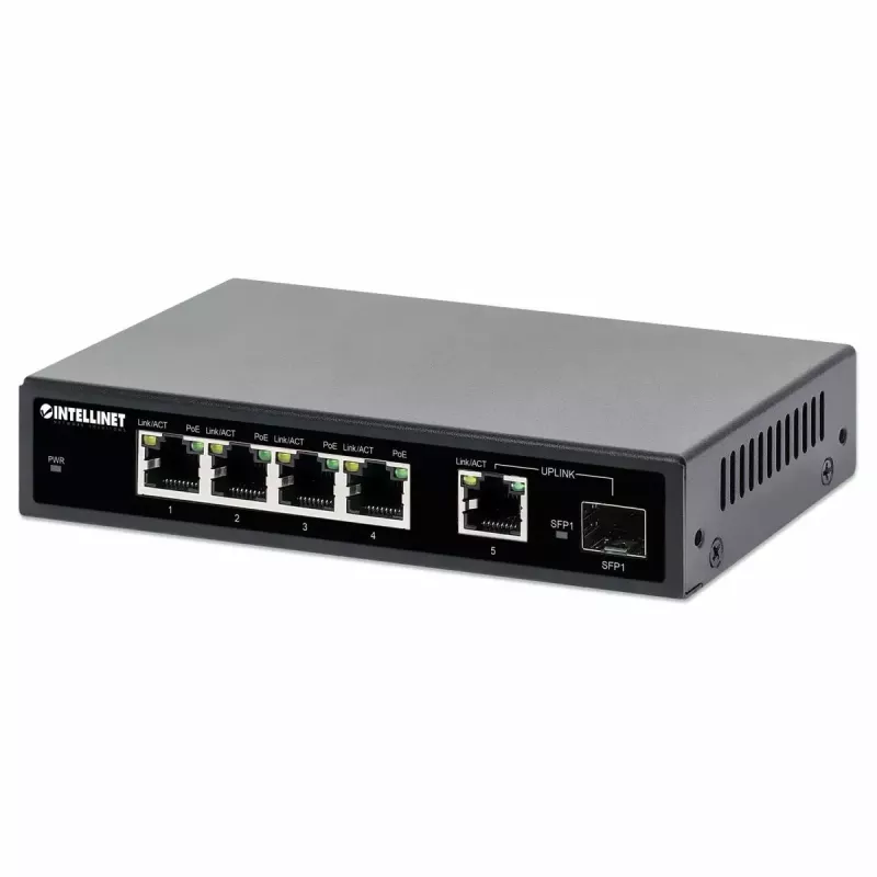 Intellinet 5 portu Gigabit Ethernet PoE+ slēdzis ar SFP portu, 91 W jaudas budžets