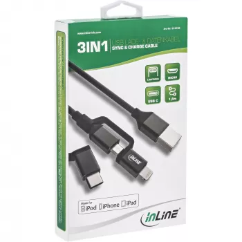 InLine 3-in-1 USB kabelis, USB-A vīr. uz Micro-USB+USB-C+Lightning, melns/alumīnijs