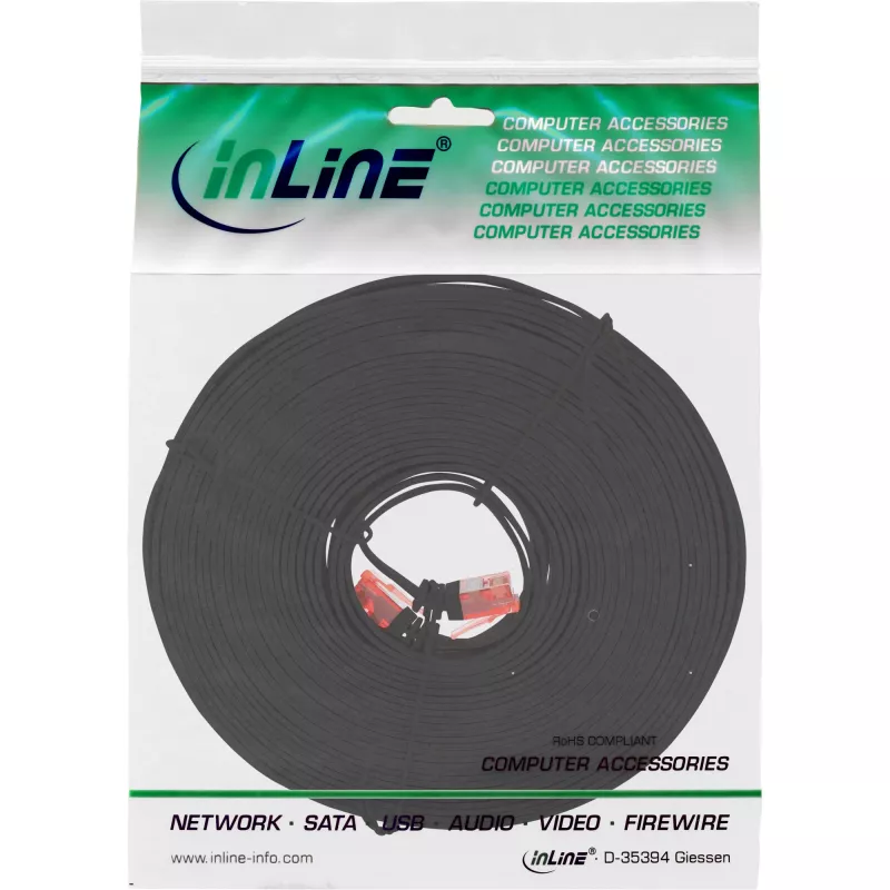 InLine plakans Ultraslim komutācijas kabelis U/UTP Cat.6 Gigabit ready Melns 15m