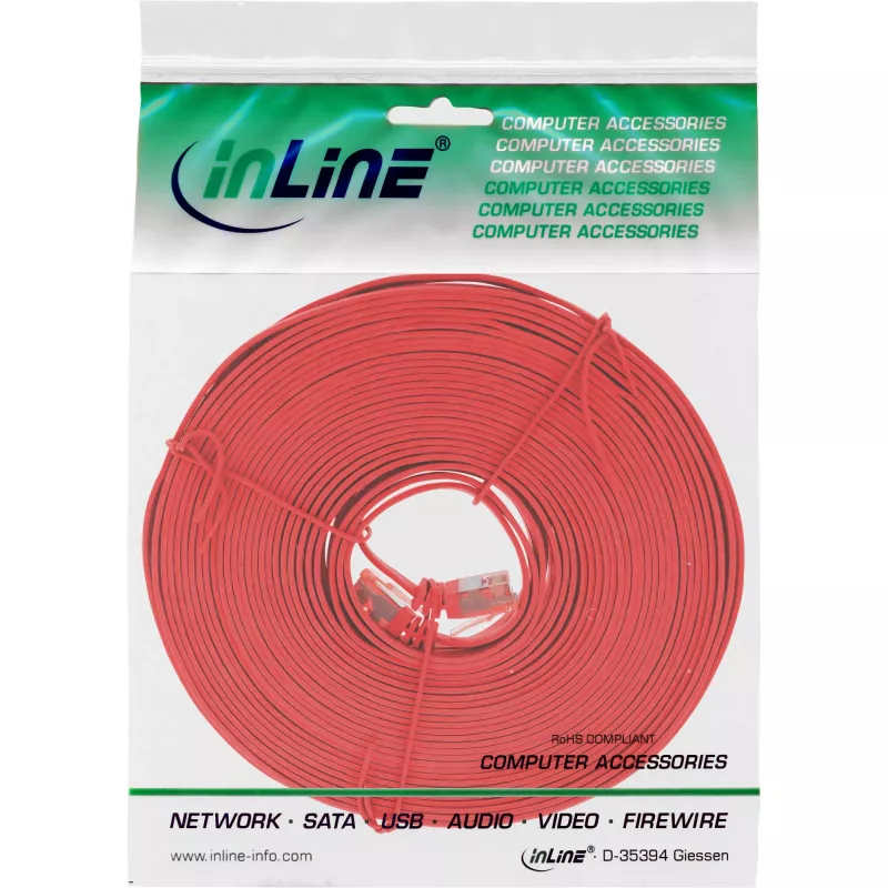 InLine plakans Ultraslim komutācijas kabelis U/UTP Cat.6 Gigabit ready sarkans 10 m