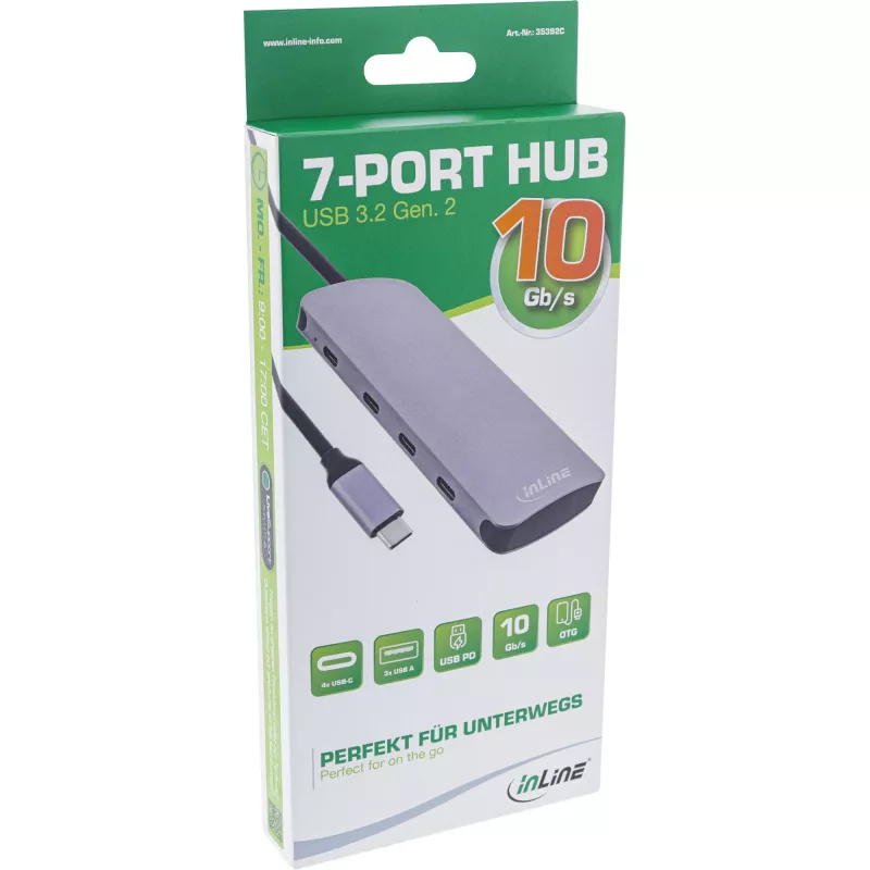 InLine USB 3.2 Gen.2 centrmezgls, 4x USB-C + 3x USB-A, PD 100W, alumīnijs, pelēks
