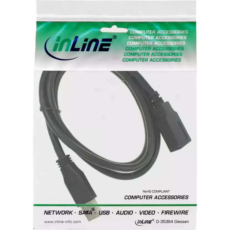InLine USB 3.0 kabeļa pagarinātājs, A spraudnis/sievišķais, melns, 1 m, 5 Gbit/s