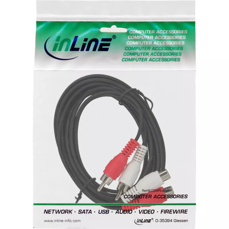 InLine Audio kabelis 2x RCA spraudnis / ligzda 2,5m, Spraudnis, 2 x RCA, Ligzda, 2,5 m, Melns