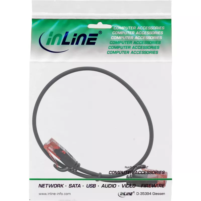 InLine plāns komutācijas kabelis, U/UTP, Cat.6, melns, 0,3 m