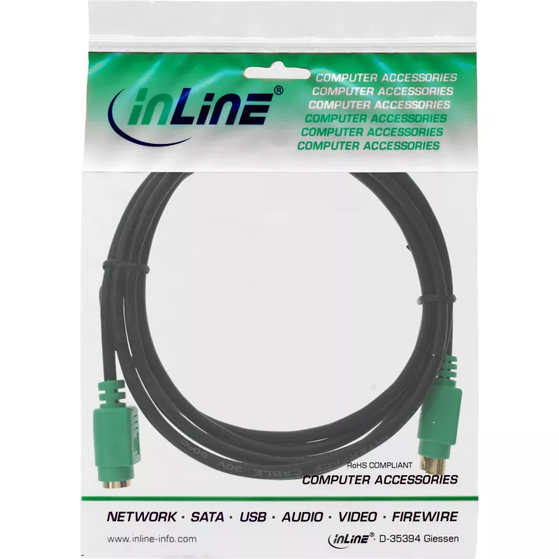 InLine PS/2 kabelis, , vīr./siev., melns/zaļš, zeltīti kontakti, 2 m, melns, 2 m, PS/2, PS/2, vīr., siev.