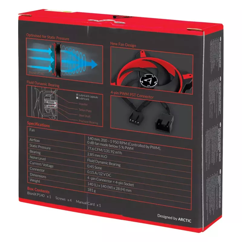 ARCTIC BioniX P140 (sarkans) – Spiedienam optimizēts 140 mm spēļu ventilators ar PWM PST