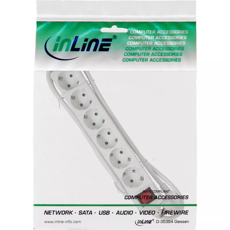 InLine kontaktligzdu bloks, 6-vietīgs ar zemējuma kontaktu CEE 7/3, balts, 3 m