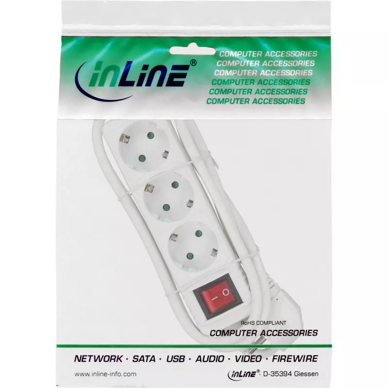 InLine kontaktligzdu bloks, 3-virzienu zemējuma kontakts CEE 7/3, ar slēdzi, balts, 5m