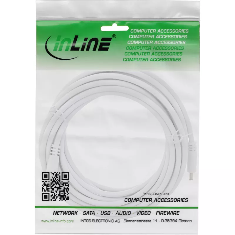 InLine līdzstrāvas pagarinātājkabelis, līdzstrāvas tēviņš/mātīte 3,5x1,35 mm, AWG 18, balts 3 m