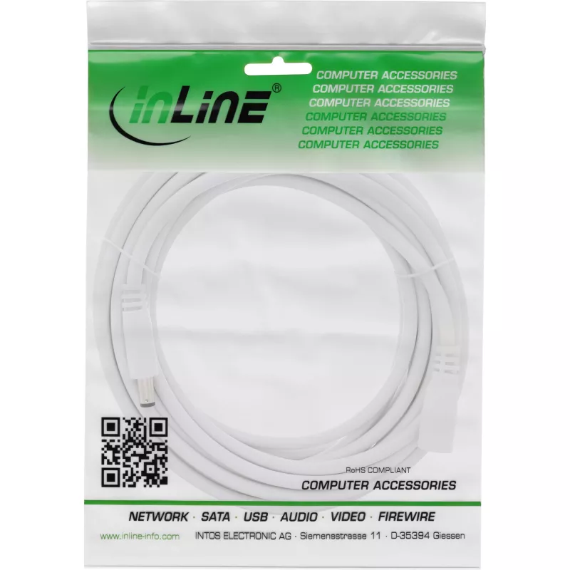 InLine līdzstrāvas pagarinātājs, DC vīrišķais/sieviešu 5.5x2.5mm, AWG 18, balts 5m