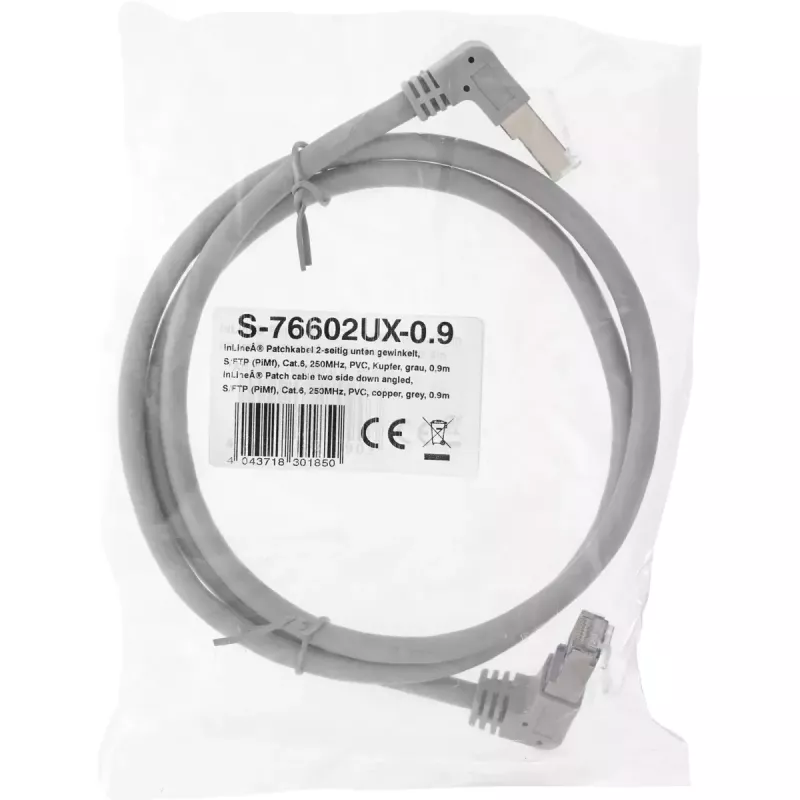 InLine komutācijas kabelis ar leņķveida spraudņiem uz leju abos galos, S/FTP (PiMf), Cat.6, 250 MHz, PVC, varš, pelēks, 1,1 m