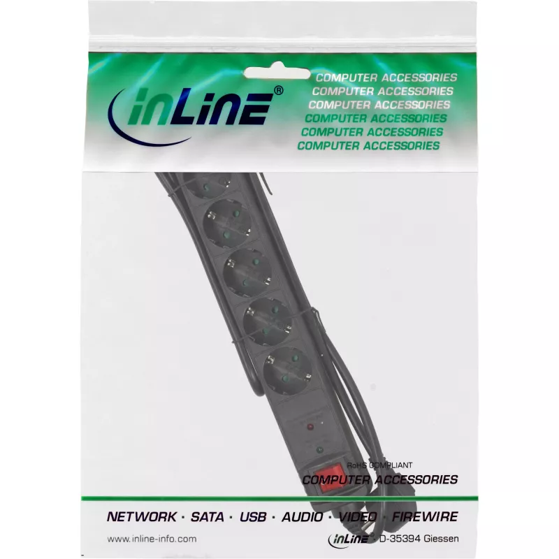InLine kontaktligzdu bloks CEE 7/3, 6-vietīgs, pārsprieguma aizsardzība, slēdzis, melns