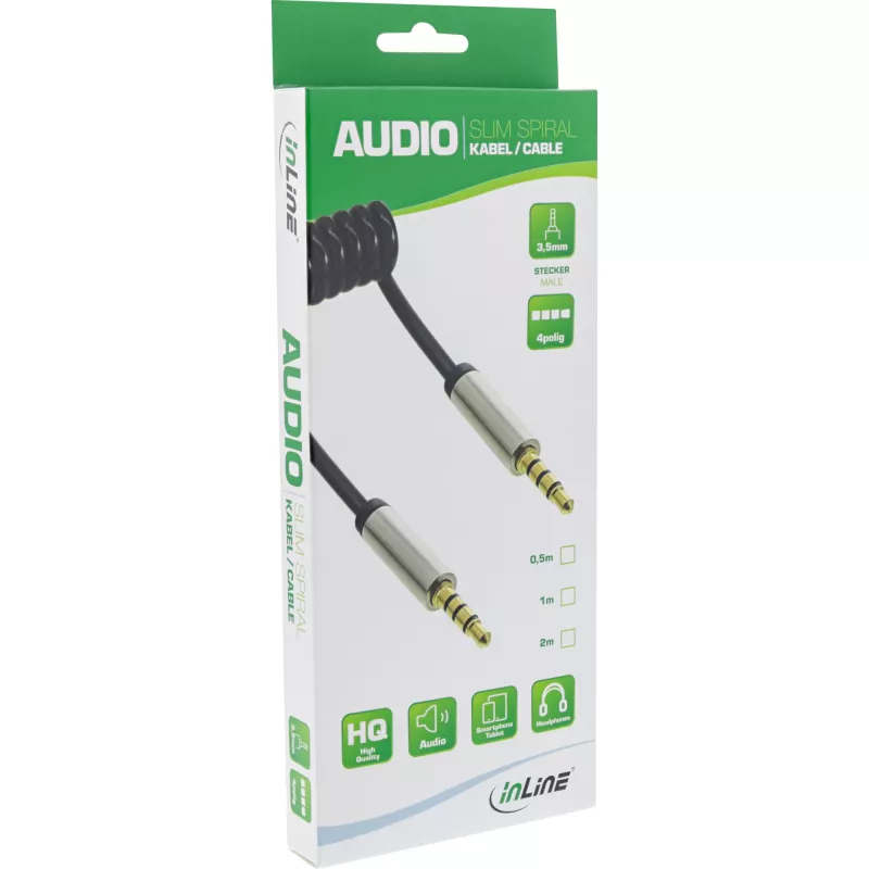 InLine plāns Audio spirālveida kabelis 3,5 mm vīr. / vīr. 4 kontaktu stereo 2 m